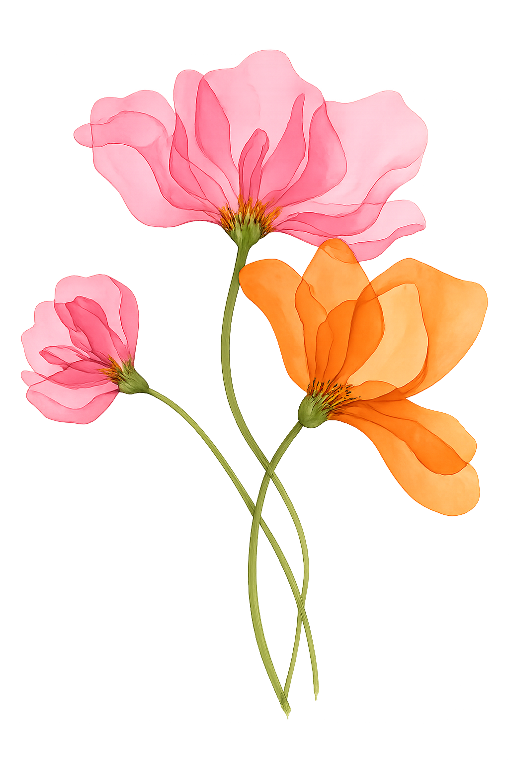 Ilustração em aquarela de flores rosa e laranja
